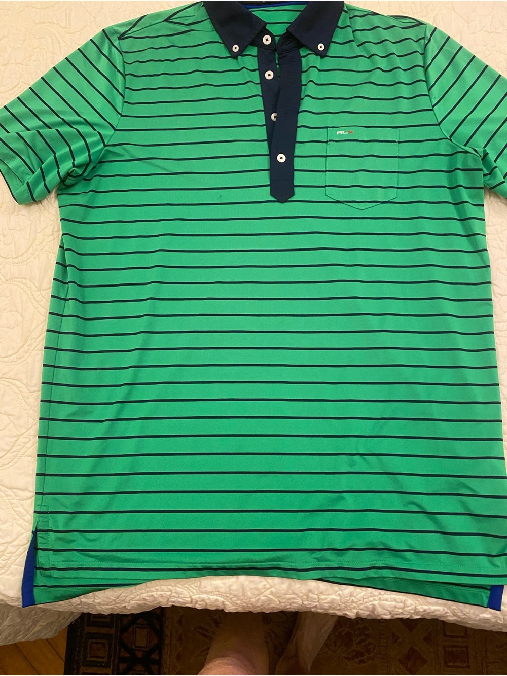 RLX Ralph Lauren Navy Collar Green & Navy Striped Polo